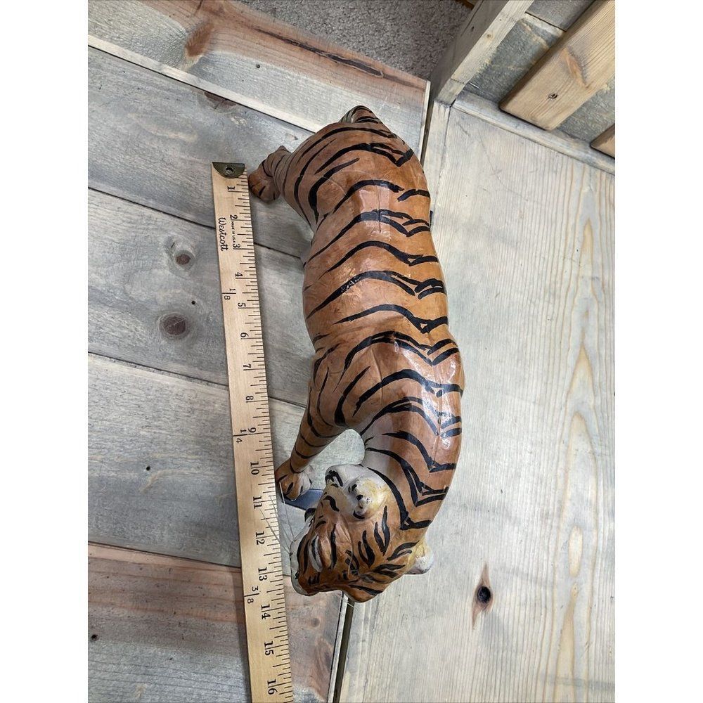 VINTAGE Leather Wrapped Tiger Sculpture Glass Eyes Jungle Safari Figurine Rare - Picture 8 of 11